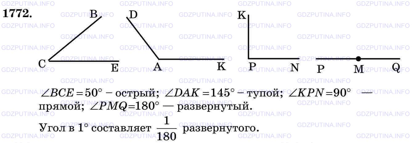 Решение 2: Номер №1772 — ГДЗ по Математике 5 класс: Виленкин Н.Я. | Начертите острый угол ВСЕ и тупой угол DAK и определите их градусные меры. Начер
