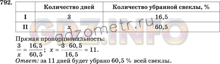 Решение 2: Номер №792 — ГДЗ по Математике 6 класс: Виленкин Н.Я. | За три дня было убрано 16,5% всей свёклы. Сколько потребуется дней, чтобы убрать