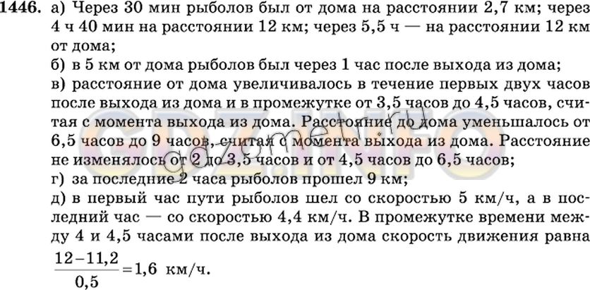 Решение 2: Номер №1446 — ГДЗ по Математике 6 класс: Виленкин Н.Я. | Рыболов рассказал, что, выйдя из дома, он шёл 2 ч по берегу реки и дошёл до мест