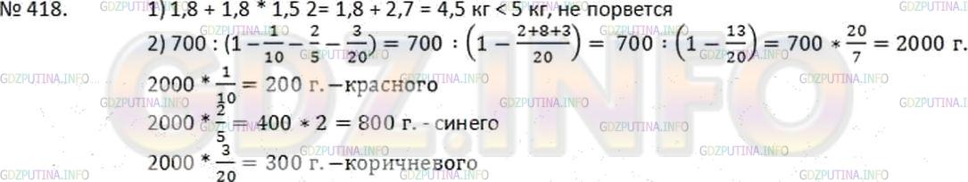 Решение 2: Номер №418 — ГДЗ по Математике 6 класс: Дорофеев Г.В. | 1 ) В полиэтиленовый пакет, выдерживающий 5 кг, положили 1,8 кг огурцов, а яблок
