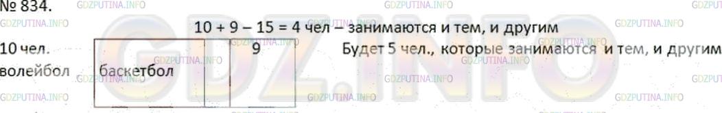 Решение 2: Номер №834 — ГДЗ по Математике 6 класс: Дорофеев Г.В. | В классе 15 мальчиков. Из них 10 человек занимаются волейболом и 9 − баскетболом