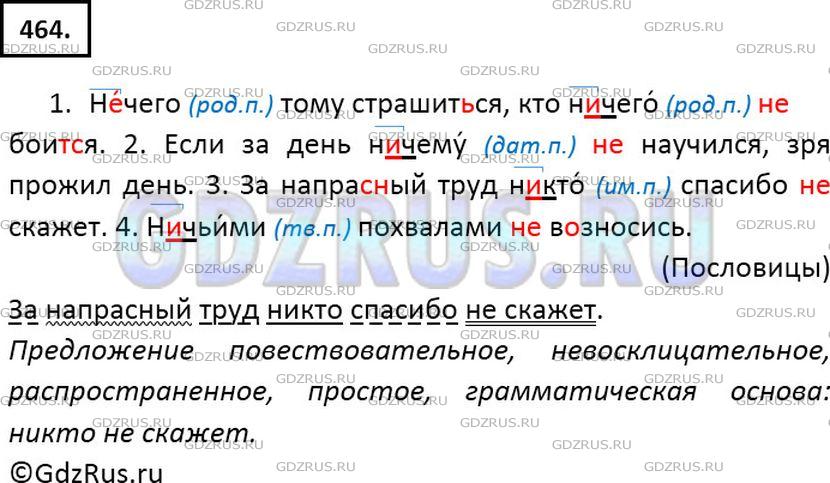 Решение 2: Номер №464 — ГДЗ по Русскому языку 6 класс: Ладыженская Т.А. | Спишите, обозначая условия выбора не и ни в отрицательных местоимениях (см. обра