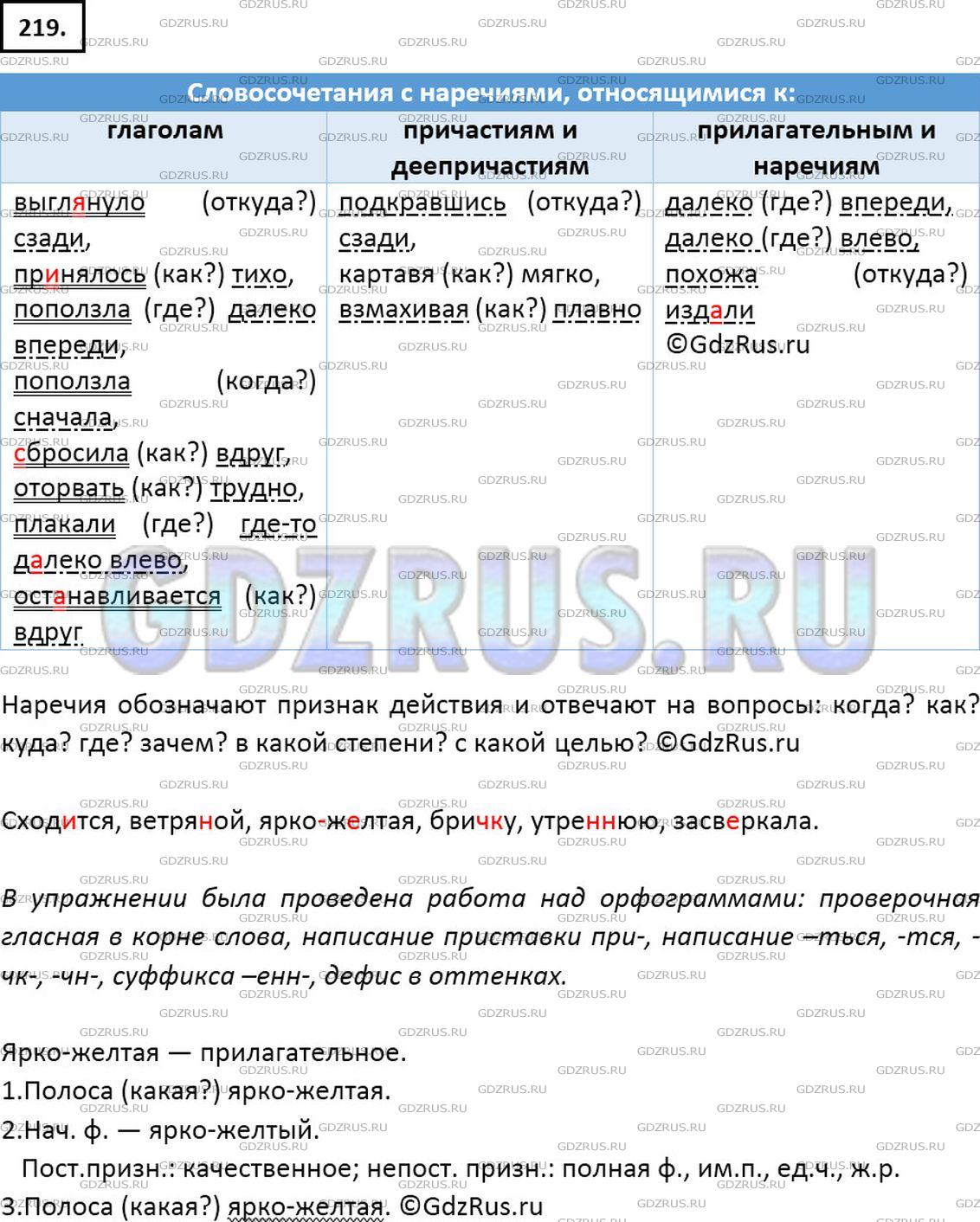 Решение 2: Номер №219 — ГДЗ по Русскому языку 7 класс: Ладыженская Т.А. | Выпишите группами словосочетания с наречиями, относящимися к глаголам, причастия