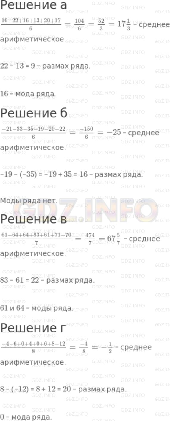 Решение 2: Номер задания №169 — ГДЗ по Алгебре 7 класс: Макарычев Ю.Н. | Найдите среднее арифметическое, размах и моду ряда чисел:<br />а) 16, 22, 16, 13