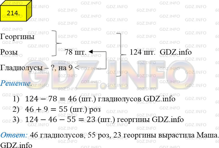 Решение 3: Номер №214 — ГДЗ по Математике 5 класс: Мерзляк А.Г. | Маша посчитала выращенные ею цветы. Георгинов и роз оказалось 78, а остальные цв
