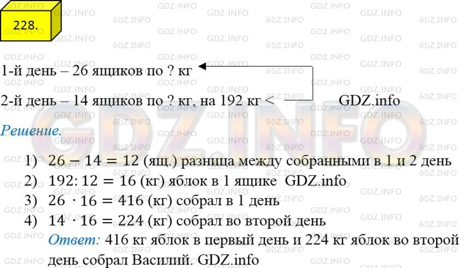 Решение 3: Номер №228 — ГДЗ по Математике 5 класс: Мерзляк А.Г. | В первый день Василий собрал в своем саду 26 ящиков яблок, а во второй − 14 таки