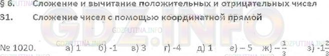 Решение 3: Номер №1020 — ГДЗ по Математике 6 класс: Виленкин Н.Я. | Найдите с помощью координатной прямой сумму чисел:<br />а) -1 и 2; г) 1 и -5; ж)