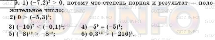 Решение 3: Номер №1030 — ГДЗ по Математике 6 класс: Мерзляк А.Г. | Не выполняя вычислений, сравните:<br />1) (−7,2)2 и 0;<br />2) 0 и (−5,3)3 ;<br 