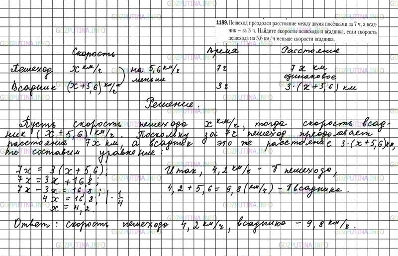 Решение 3: Номер №1189 — ГДЗ по Математике 6 класс: Мерзляк А.Г. | Пешеход преодолел расстояние между двумя поселками за 7 ч, а всадник − за 3 ч. Н