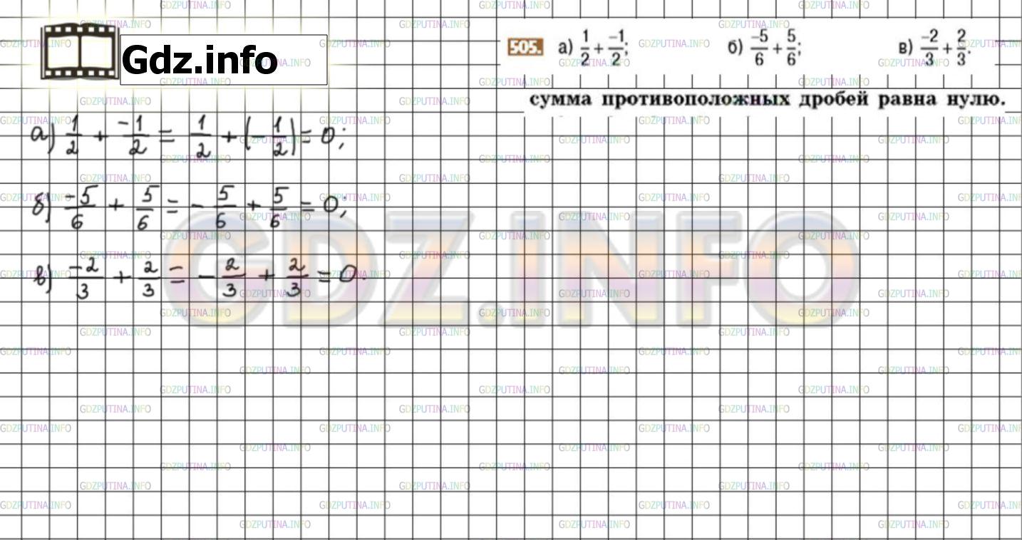 Решение 3: Номер №505 — ГДЗ по Математике 6 класс: Никольский С.М. | Вычислите:<br />а) 1/2+ −1/2;<br />б) −5/6+ 5/6;<br />в) −2/3+ 2/3.