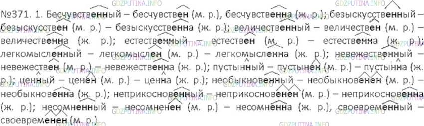 Решение 3: Номер №371 — ГДЗ по Русскому языку 6 класс: Ладыженская Т.А. | Образуйте краткие прилагательные мужского и женского рода (см. образцы). Обознач
