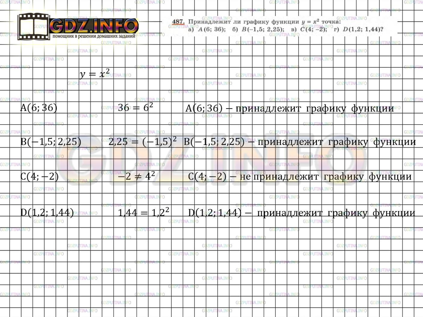 Решение 3: Номер задания №487 — ГДЗ по Алгебре 7 класс: Макарычев Ю.Н. | Принадлежит ли графику функции у = х^2 точка:<br />а) А(6; 36); б) В(-1,6; 2,25)