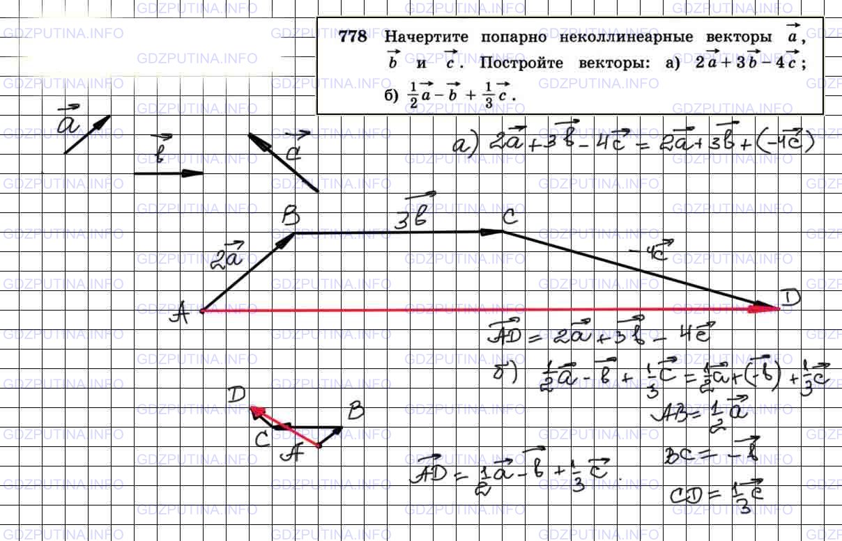 Решение 3: Номер №778 — ГДЗ по Геометрии 7-9 класс: Атанасян Л.С. | Начертите попарно неколлинеарные векторы а, b и c. Постройте векторы: а) 2а + 3b