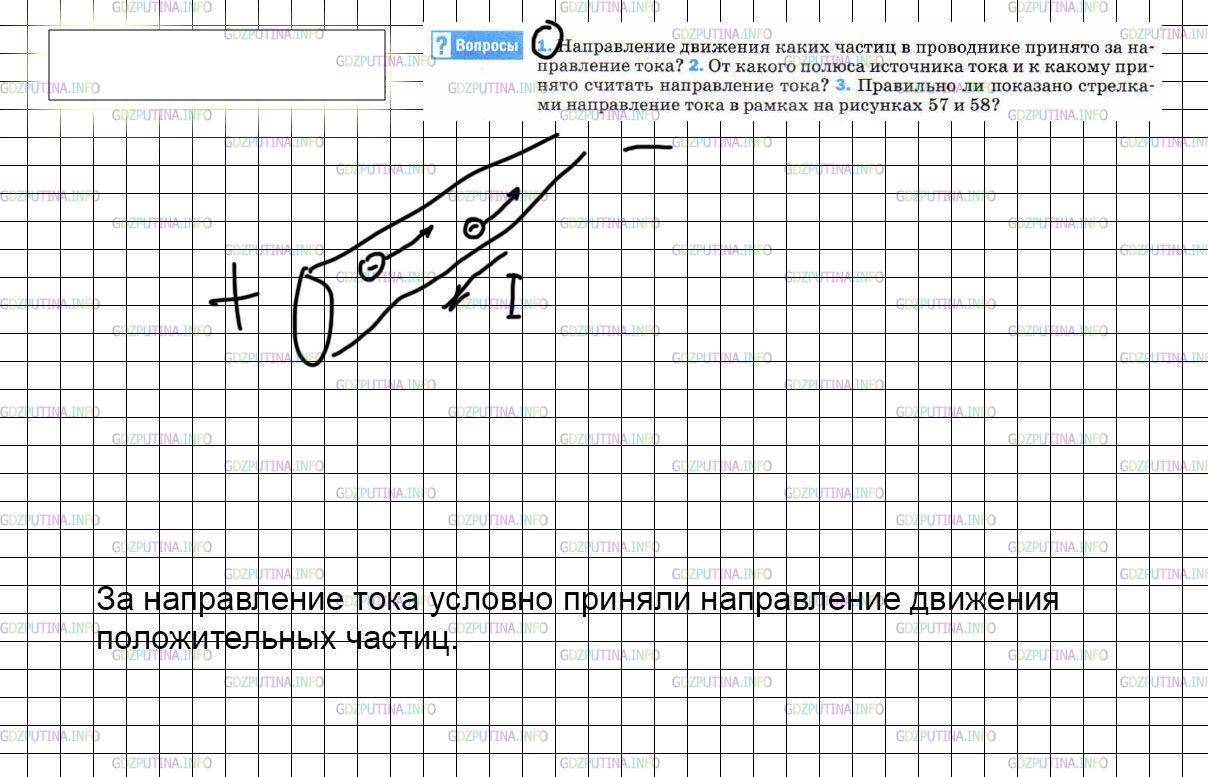 Решение 3: Вопрос №1, Параграф 36 — ГДЗ по Физике 8 класс: Пёрышкин А.В. | Направление движения каких частиц в проводнике принято за направление тока?
