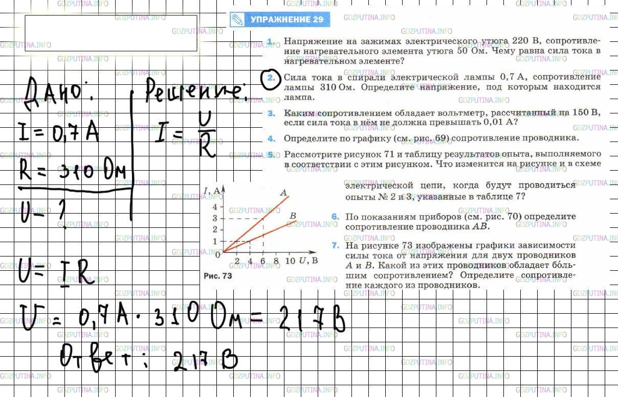Решение 3: Упражнение 29 №2, Параграф 44 — ГДЗ по Физике 8 класс: Пёрышкин А.В. | Сила тока в спирали электрической лампы 0,7 А, сопротивление лампы 310 Ом. Опред