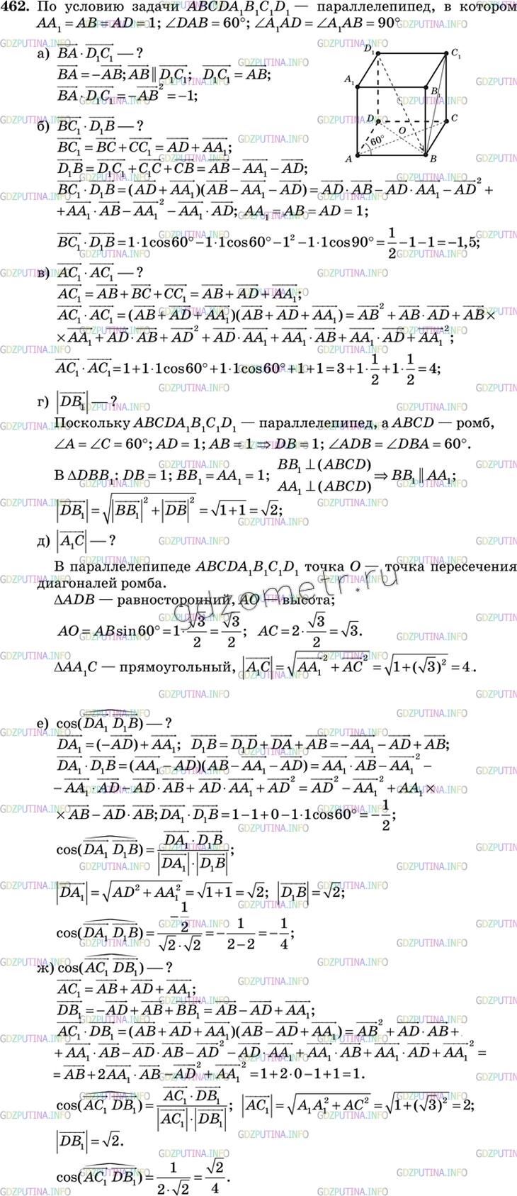 Решение 3: Номер №462 — ГДЗ по Геометрии 10-11 класс: Атанасян Л.С. | В параллелепипеде ABCDA1B1C1D1 AA1=AB = AD=1, ∠DAB = 60°, ∠A1AD=∠A1AB = 90°. Выч