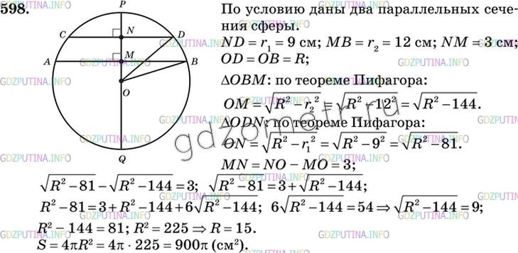 Решение 3: Номер №598 — ГДЗ по Геометрии 10-11 класс: Атанасян Л.С. | Радиусы двух параллельных сечений сферы равны 9 см и 12 см. Расстояние между сек