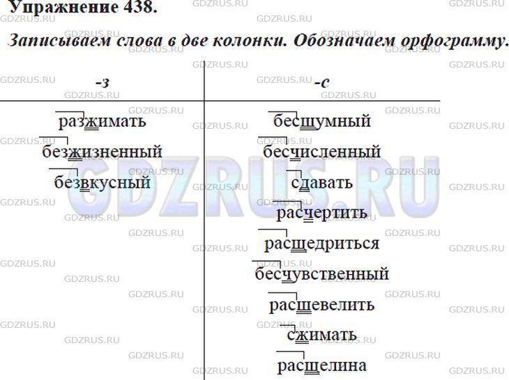 Решение 4: Номер №438 — ГДЗ по Русскому языку 5 класс: Ладыженская Т.А. | Запишите слова с приставками на -з/-с в две колонки, обозначьте изучаемую орфогр