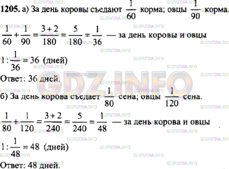 Решение 4: Номер №1205 — ГДЗ по Математике 6 класс: Никольский С.М. | а) Заготовленного корма хватило бы корове на 60 дней или овцам на 90 дней. Рассч