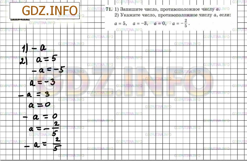Решение 4: Номер №71 — ГДЗ по Математике 6 класс: Зубарева, Мордкович | 1) Запишите число, противоположное числу a.<br />2) Укажите число, противоположн
