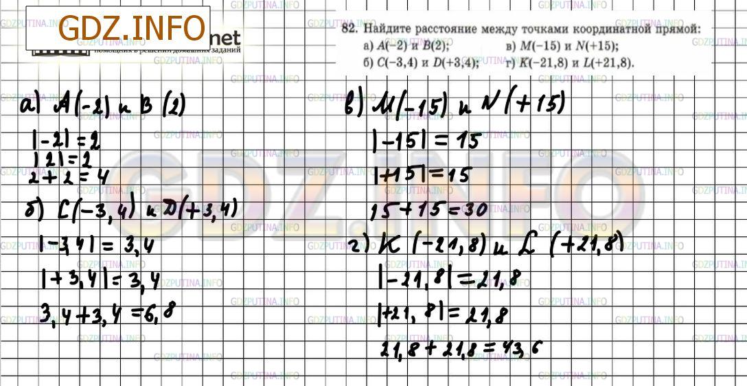 Решение 4: Номер №82 — ГДЗ по Математике 6 класс: Зубарева, Мордкович | Найдите расстояние между точками координатной прямой:<br />а) A(−2) и B(2);<br /