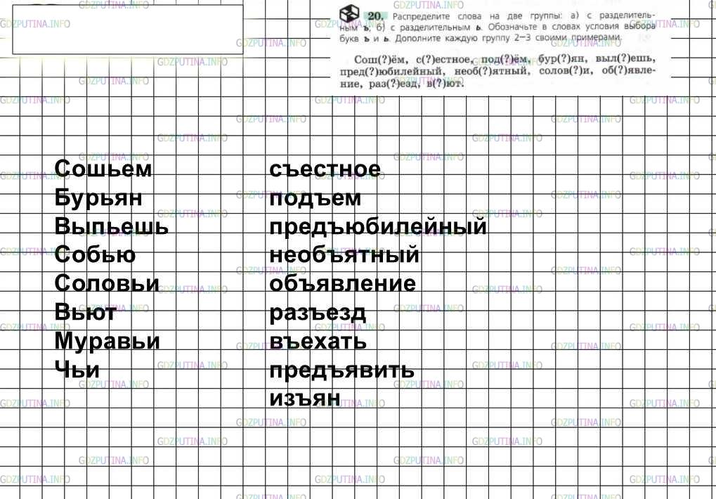 Решение 4: Номер №20 — ГДЗ по Русскому языку 6 класс: Ладыженская Т.А. | Распределите слова на две группы: а) с разделительным ъ; 6) с разделительным ь. 