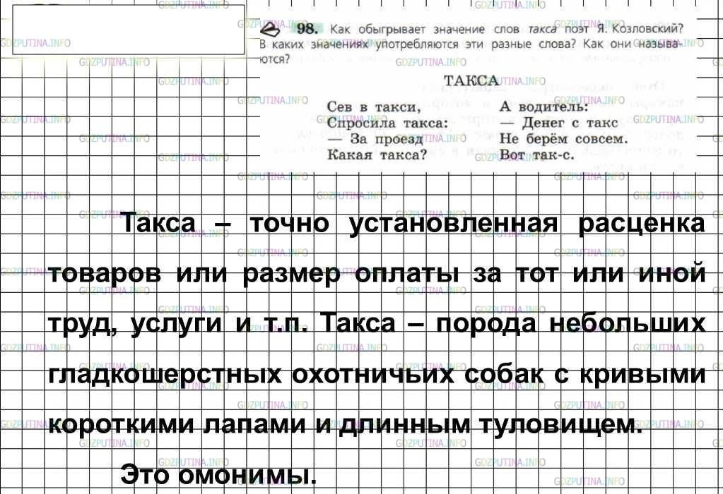 Решение 4: Номер №98 — ГДЗ по Русскому языку 6 класс: Ладыженская Т.А. | Как обыгрывает значение слов такса поэт Я. Козловский? В каких значениях употреб