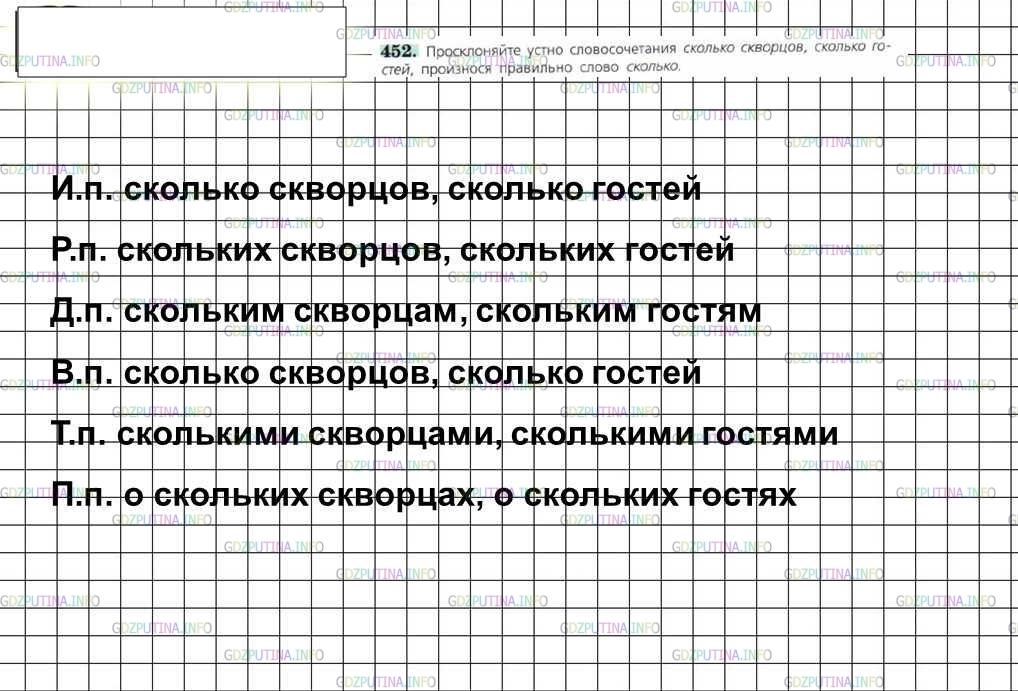 Решение 4: Номер №452 — ГДЗ по Русскому языку 6 класс: Ладыженская Т.А. | Просклоняйте устно словосочетания сколько скворцов, сколько гостей, произнося пр