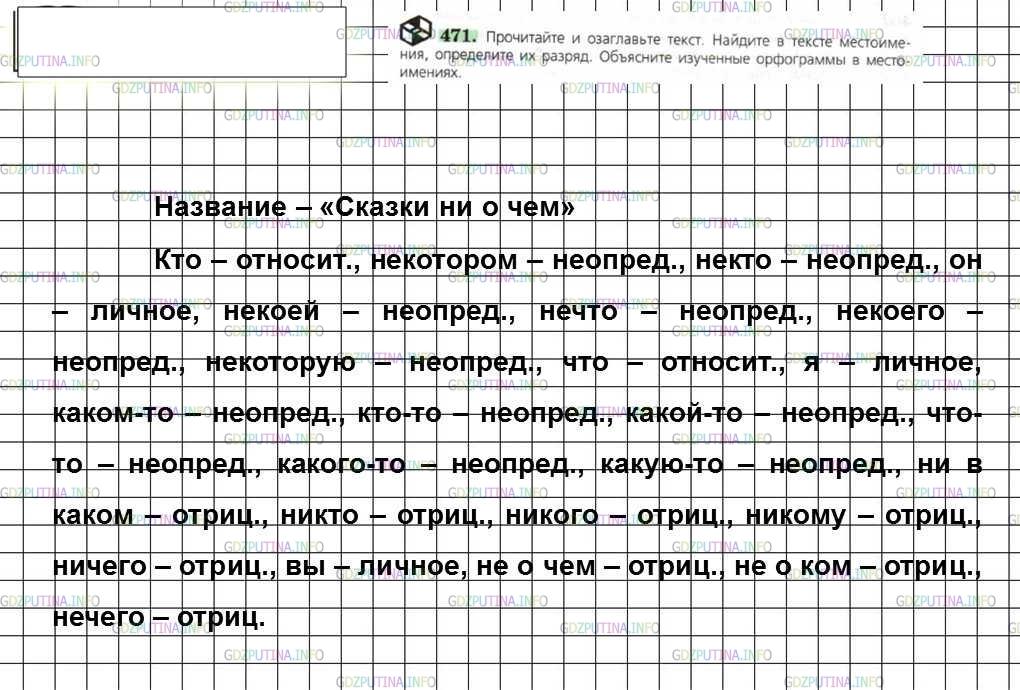 Решение 4: Номер №471 — ГДЗ по Русскому языку 6 класс: Ладыженская Т.А. | Прочитайте и озаглавьте текст. Найдите в тексте местоимения, определите их разря