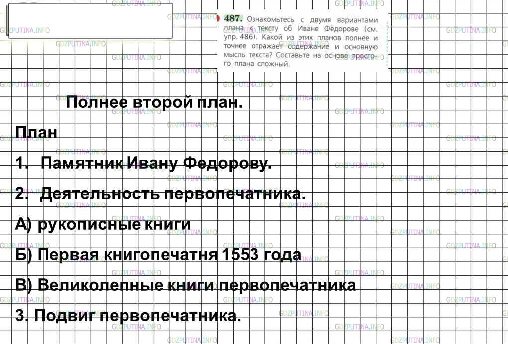 Решение 4: Номер №487 — ГДЗ по Русскому языку 6 класс: Ладыженская Т.А. | Ознакомьтесь с двумя вариантами плана к тексту об Иване Фёдорове (см. упр. 486).