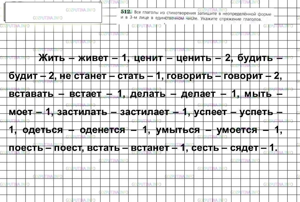 Решение 4: Номер №512 — ГДЗ по Русскому языку 6 класс: Ладыженская Т.А. | Все глаголы из стихотворения запишите в неопределённой форме и в 3-м лице в един