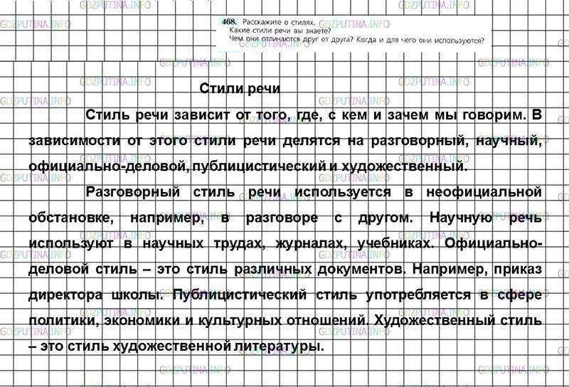 Решение 4: Номер №468 — ГДЗ по Русскому языку 7 класс: Ладыженская Т.А. | Расскажите о стилях. Какие стили речи вы знаете? Чем они отличаются друг от друг