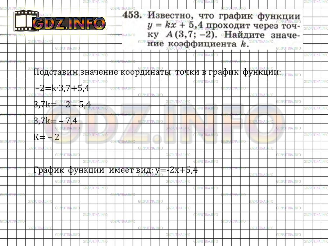 Решение 4: Номер задания №453 — ГДЗ по Алгебре 7 класс: Макарычев Ю.Н. | Известно, что график функции у = kx + 5,4 проходит через точку А(3,7;-2). Найдит