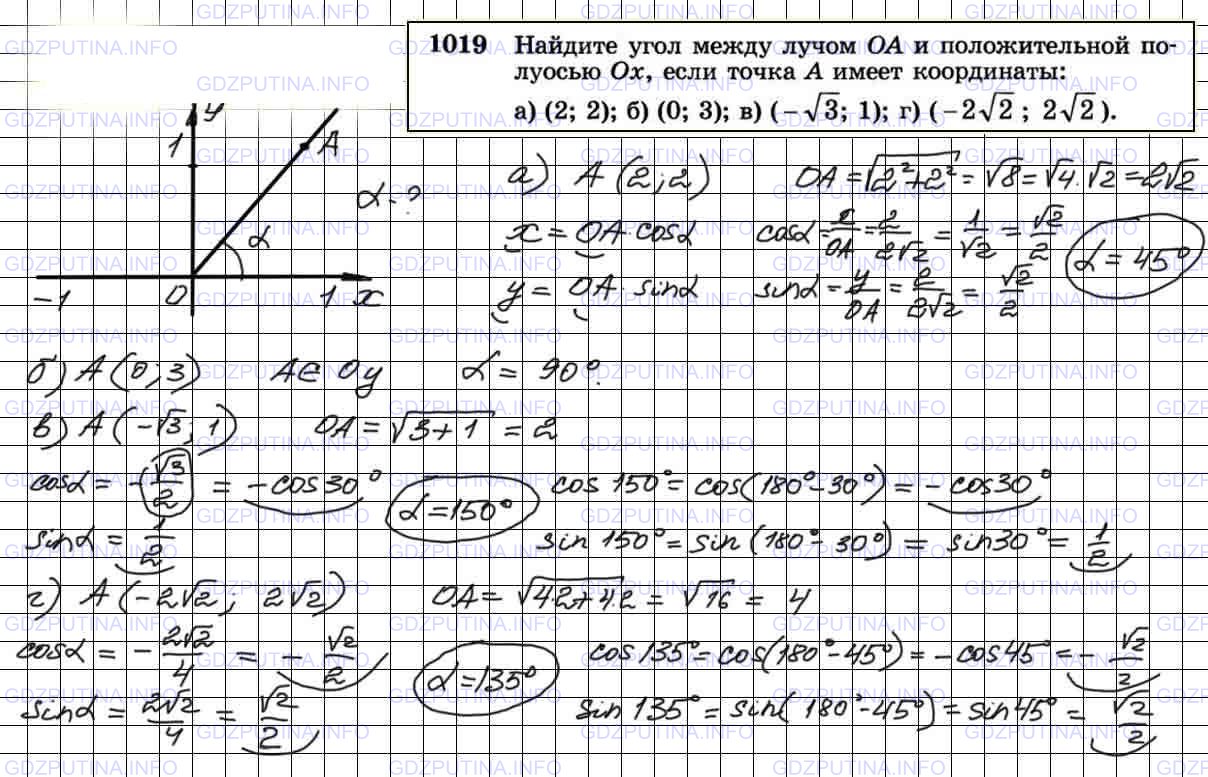 Решение 4: Номер №1019 — ГДЗ по Геометрии 7-9 класс: Атанасян Л.С. | Найдите угол между лучом ОА и положительной полуосью Ох, если точка А имеет коор