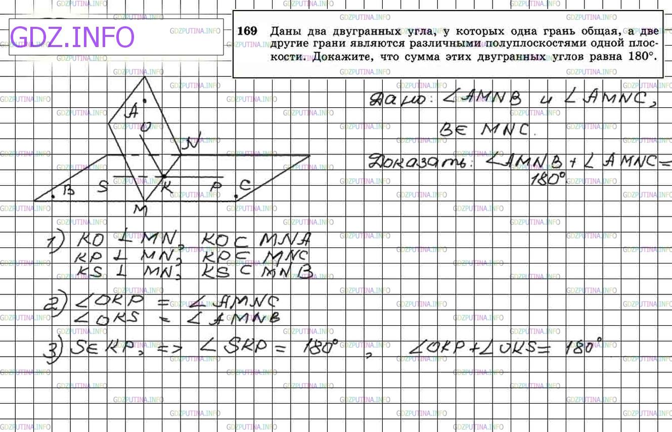 Решение 4: Номер №169 — ГДЗ по Геометрии 10-11 класс: Атанасян Л.С. | Даны два двугранных угла, у которых одна грань общая, а две другие грани являютс