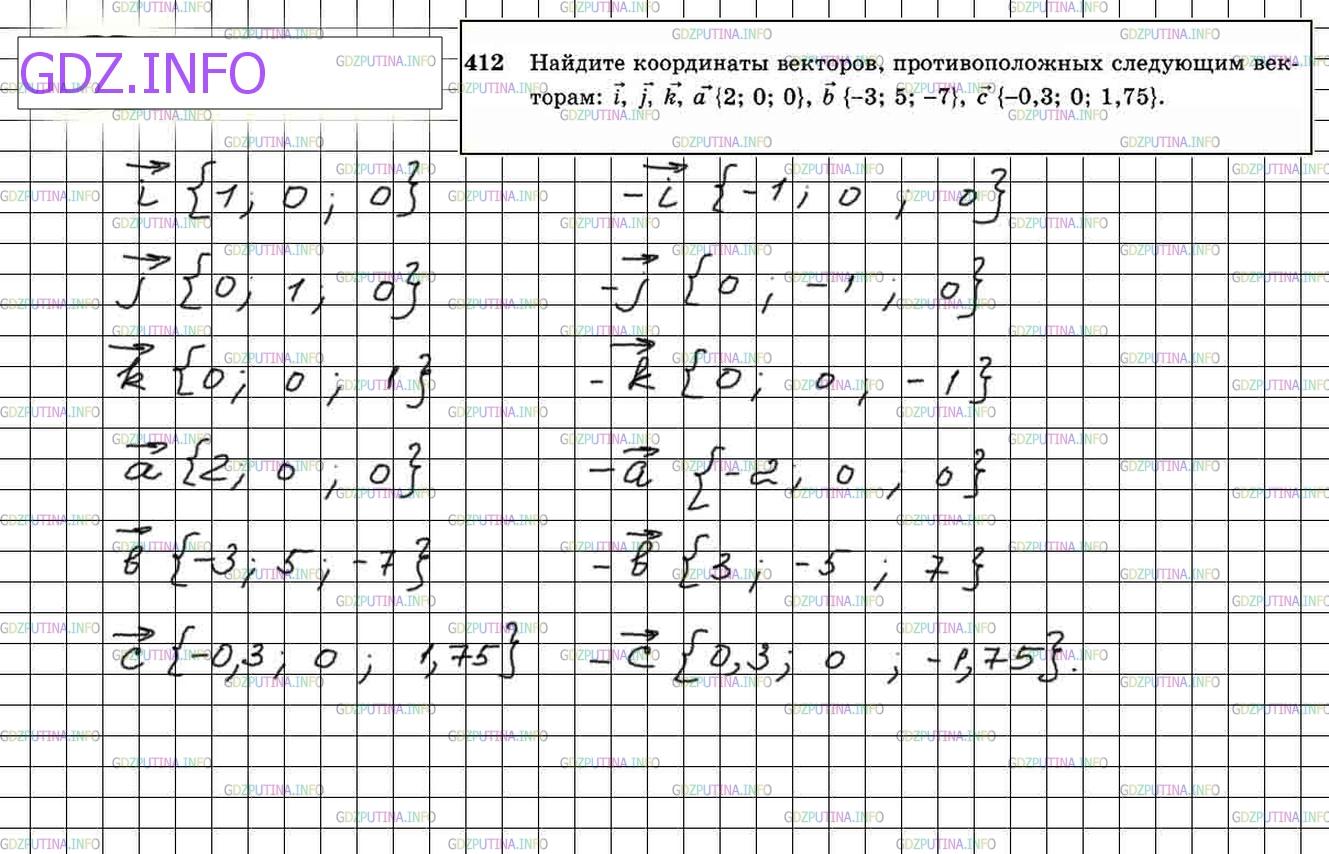 Решение 4: Номер №412 — ГДЗ по Геометрии 10-11 класс: Атанасян Л.С. | Найдите координаты векторов, противоположных следующим векторам: i, j, k, а {2;