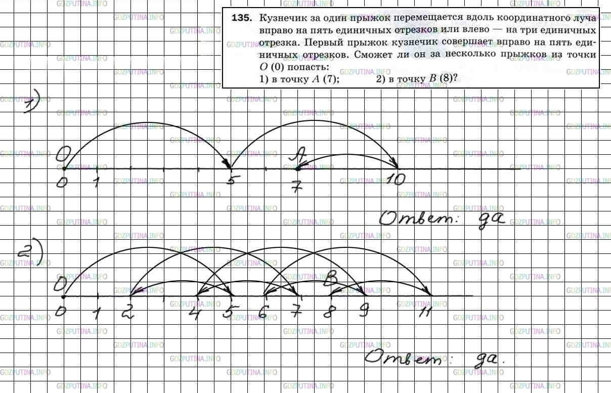 Решение 5: Номер №135 — ГДЗ по Математике 5 класс: Мерзляк А.Г. | Кузнечик за один прыжок перемещается вдоль координатного луча вправо на пять еди