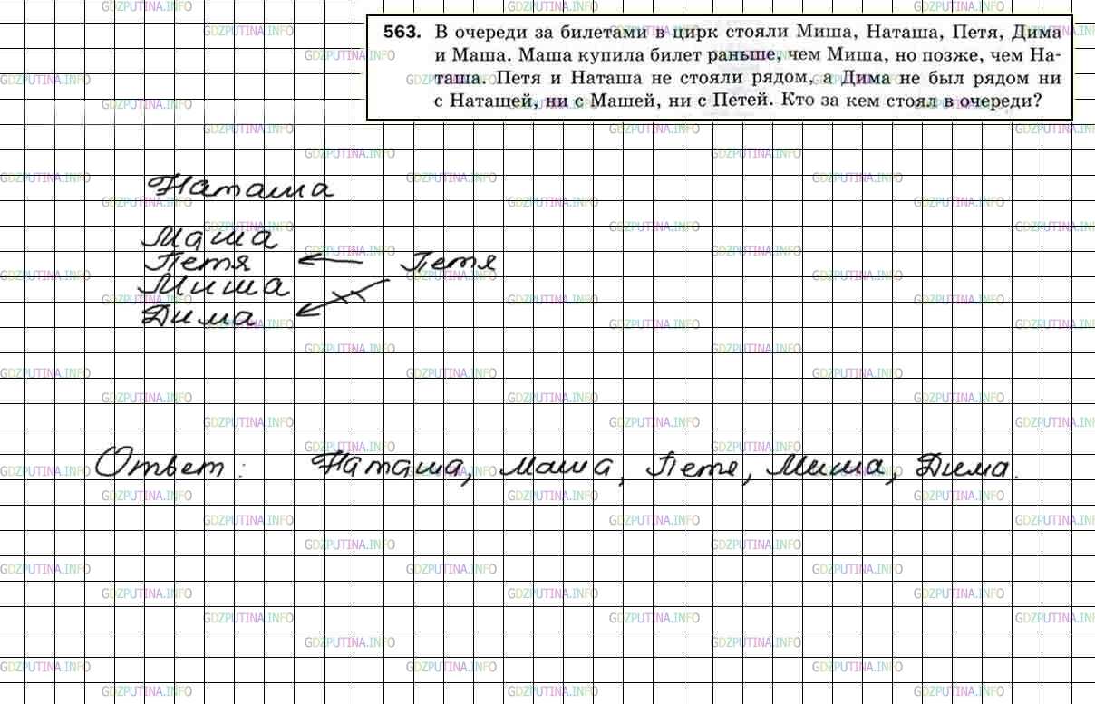 Решение 5: Номер №563 — ГДЗ по Математике 5 класс: Мерзляк А.Г. | В очереди за билетами в цирк стояли Миша, Наташа, Петя, Дима и Маша. Маша купила