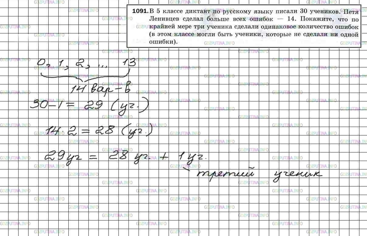 Решение 5: Номер №1091 — ГДЗ по Математике 5 класс: Мерзляк А.Г. | В 5 классе диктант по русскому языку писали 30 учеников. Петя Ленивцев сделал бо