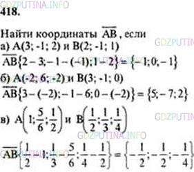 Решение 5: Номер №418 — ГДЗ по Геометрии 10-11 класс: Атанасян Л.С. | Найдите координаты вектора АВ, если: а) A (3; —1; 2), В(2; — 1; 4); б) A (-2; 6;