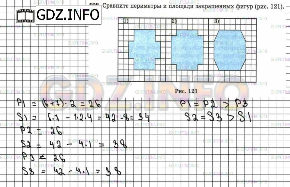 Решение 6: Номер №598 — ГДЗ по Математике 5 класс: Зубарева, Мордкович | Сравните периметры и площади закрашенных фигур (рис. 121).